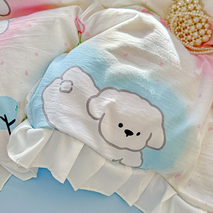 91家纺网 家纺一手货源 找家纺 雨菲家纺 2025新款学生季小清新公主风荷叶花边印花三件套四件套床单床笠款 萌宠宝贝