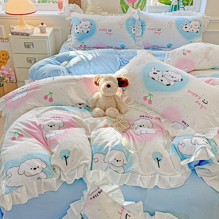 91家纺网 家纺一手货源 找家纺 雨菲家纺 2025新款学生季小清新公主风荷叶花边印花三件套四件套床单床笠款 萌宠宝贝