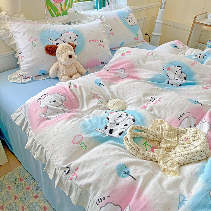 91家纺网 家纺一手货源 找家纺 雨菲家纺 2025新款学生季小清新公主风荷叶花边印花三件套四件套床单床笠款 萌宠宝贝