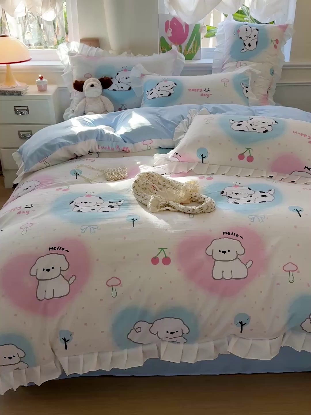 91家纺网 家纺一手货源 找家纺 雨菲家纺 2025新款学生季小清新公主风荷叶花边印花三件套四件套床单床笠款 萌宠宝贝