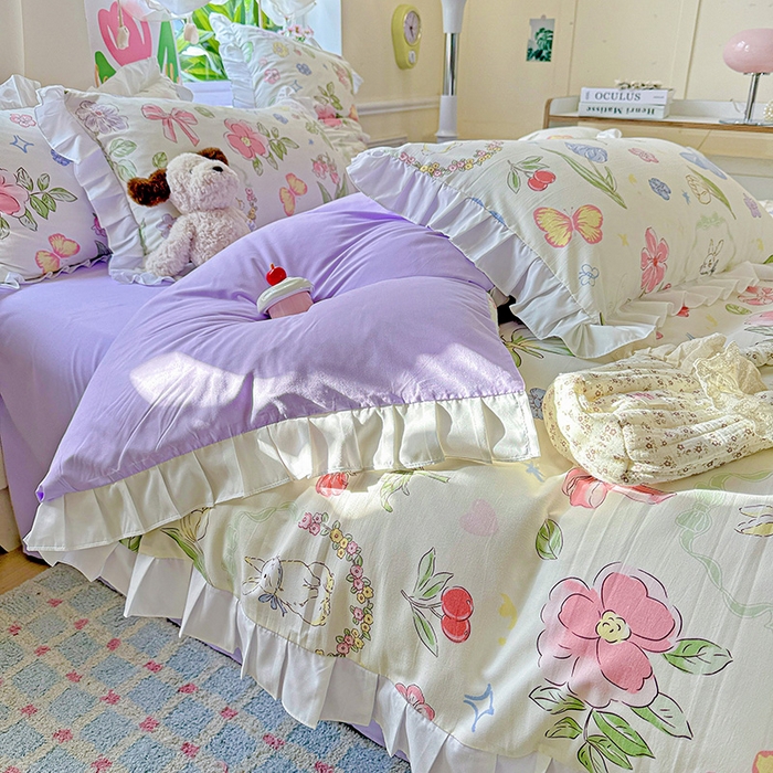 91家纺网 家纺一手货源 找家纺 雨菲家纺 2025新款学生季小清新公主风荷叶花边印花三件套四件套床单床笠款 茉莉兔