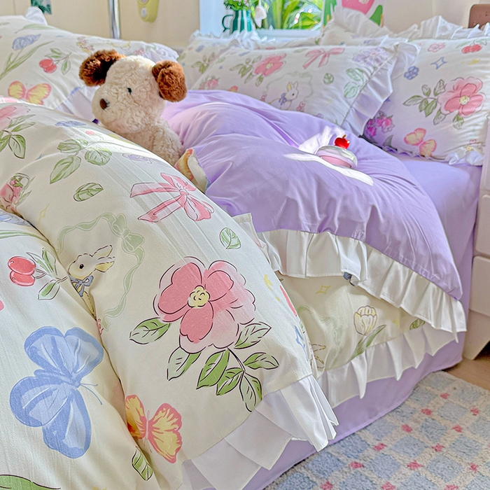 91家纺网 家纺一手货源 找家纺 雨菲家纺 2025新款学生季小清新公主风荷叶花边印花三件套四件套床单床笠款 茉莉兔