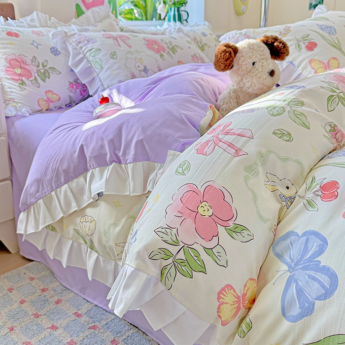 91家纺网 家纺一手货源 找家纺 雨菲家纺 2025新款学生季小清新公主风荷叶花边印花三件套四件套床单床笠款 茉莉兔