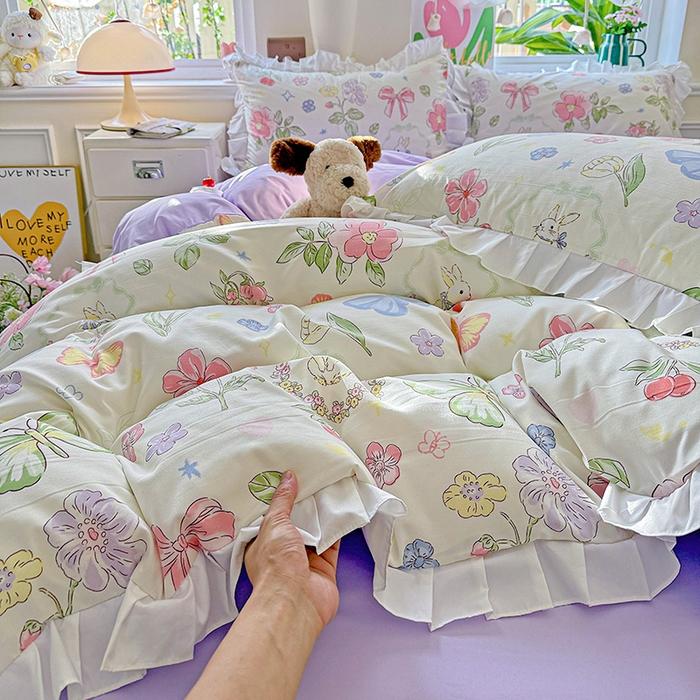 91家纺网 家纺一手货源 找家纺 雨菲家纺 2025新款学生季小清新公主风荷叶花边印花三件套四件套床单床笠款 茉莉兔