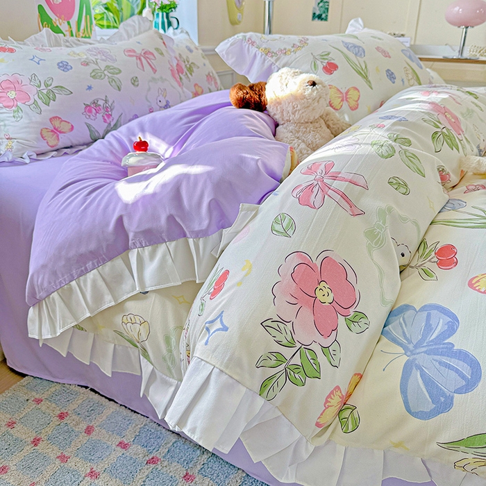 91家纺网 家纺一手货源 找家纺 雨菲家纺 2025新款学生季小清新公主风荷叶花边印花三件套四件套床单床笠款 茉莉兔