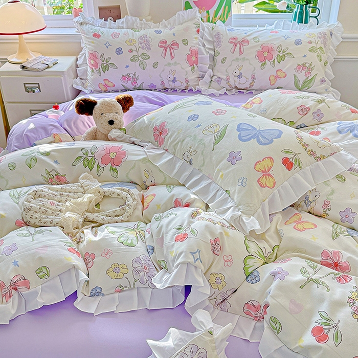 91家纺网 家纺一手货源 找家纺 雨菲家纺 2025新款学生季小清新公主风荷叶花边印花三件套四件套床单床笠款 茉莉兔