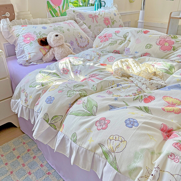 91家纺网 家纺一手货源 找家纺 雨菲家纺 2025新款学生季小清新公主风荷叶花边印花三件套四件套床单床笠款 茉莉兔