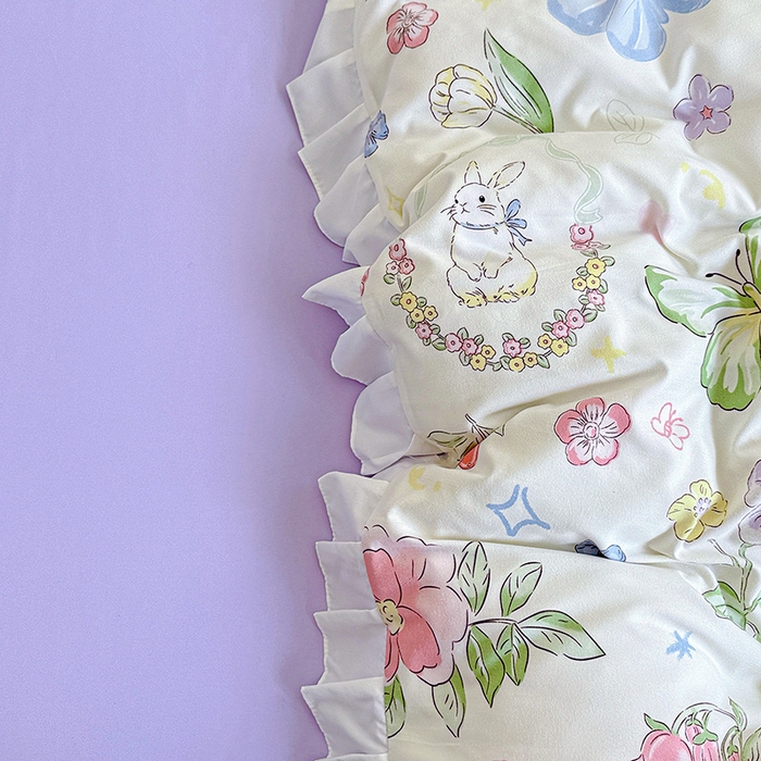 91家纺网 家纺一手货源 找家纺 雨菲家纺 2025新款学生季小清新公主风荷叶花边印花三件套四件套床单床笠款 茉莉兔