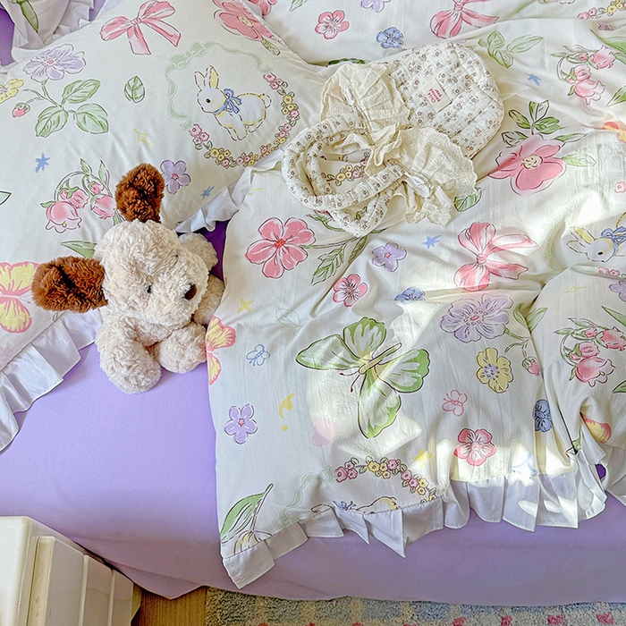 91家纺网 家纺一手货源 找家纺 雨菲家纺 2025新款学生季小清新公主风荷叶花边印花三件套四件套床单床笠款 茉莉兔