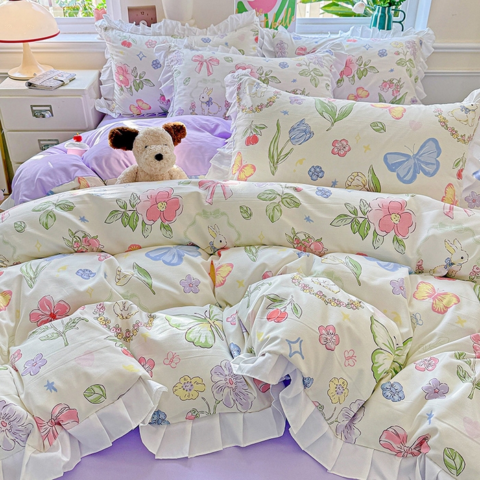 91家纺网 家纺一手货源 找家纺 雨菲家纺 2025新款学生季小清新公主风荷叶花边印花三件套四件套床单床笠款 茉莉兔