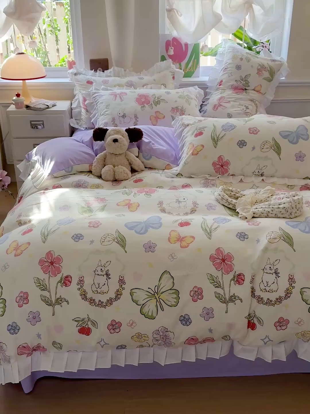 91家纺网 家纺一手货源 找家纺 雨菲家纺 2025新款学生季小清新公主风荷叶花边印花三件套四件套床单床笠款 茉莉兔