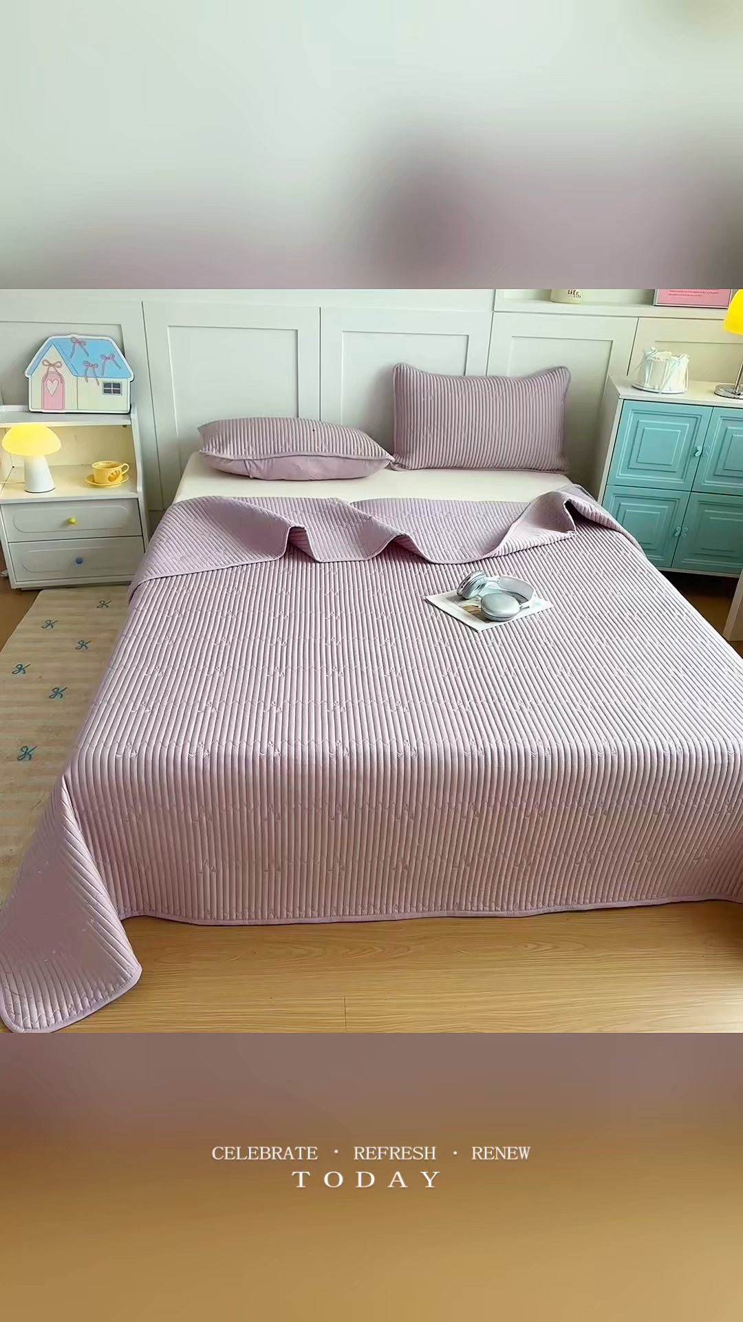 91家纺网 家纺一手货源 找家纺 橘夏家纺 2025新款夏季凉感莱赛尔天丝轻奢风星月款多功能床盖三件套软凉席盖毯 雪青紫