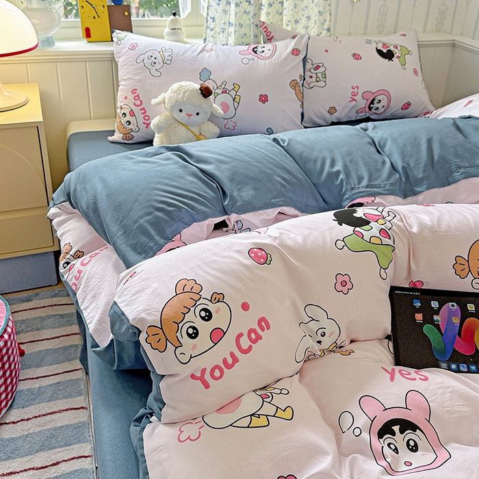 91家纺网 家纺一手货源 找家纺 妖妖2025新款软糯水洗棉四件套 爱心小新