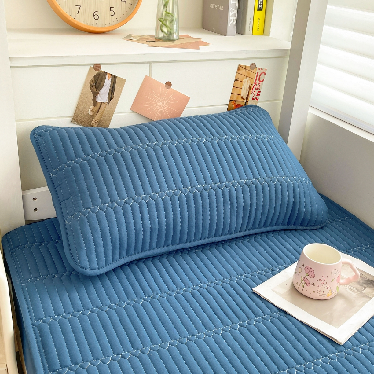 91家纺网 家纺一手货源 找家纺 雯豆2025新品学生床上下铺夹棉床笠宿舍床垫保护套 简爱-黛蓝