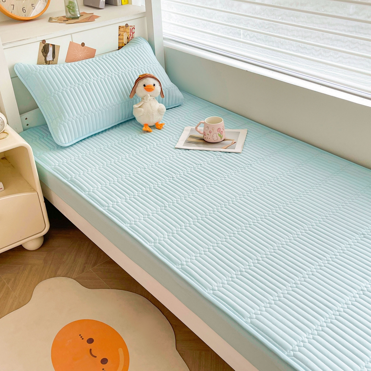 91家纺网 家纺一手货源 找家纺 雯豆2025新品学生床上下铺夹棉床笠宿舍床垫保护套 简爱-淡水蓝