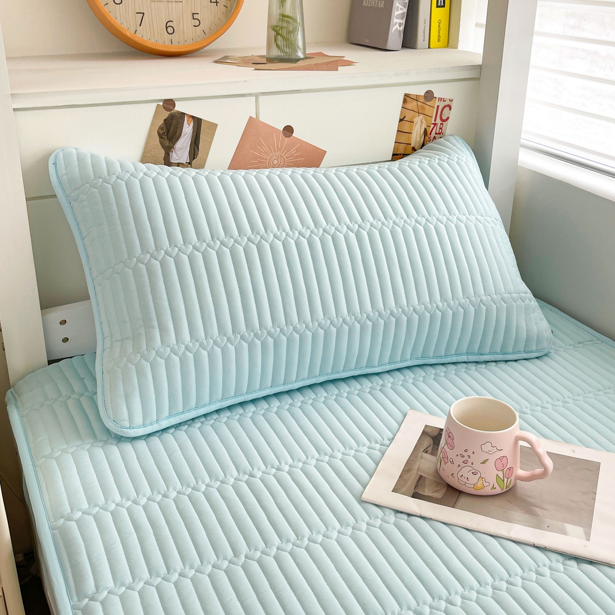 91家纺网 家纺一手货源 找家纺 雯豆2025新品学生床上下铺夹棉床笠宿舍床垫保护套 简爱-淡水蓝