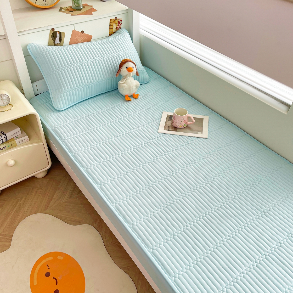 91家纺网 家纺一手货源 找家纺 雯豆2025新品学生床上下铺夹棉床笠宿舍床垫保护套 简爱-淡水蓝