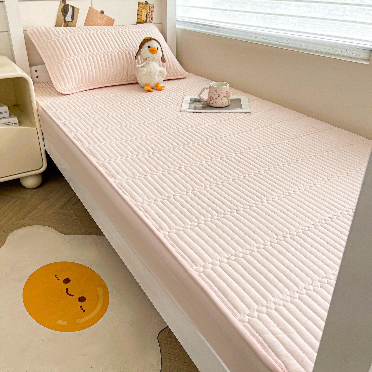 91家纺网 家纺一手货源 找家纺 雯豆2025新品学生床上下铺夹棉床笠宿舍床垫保护套 简爱-密合粉