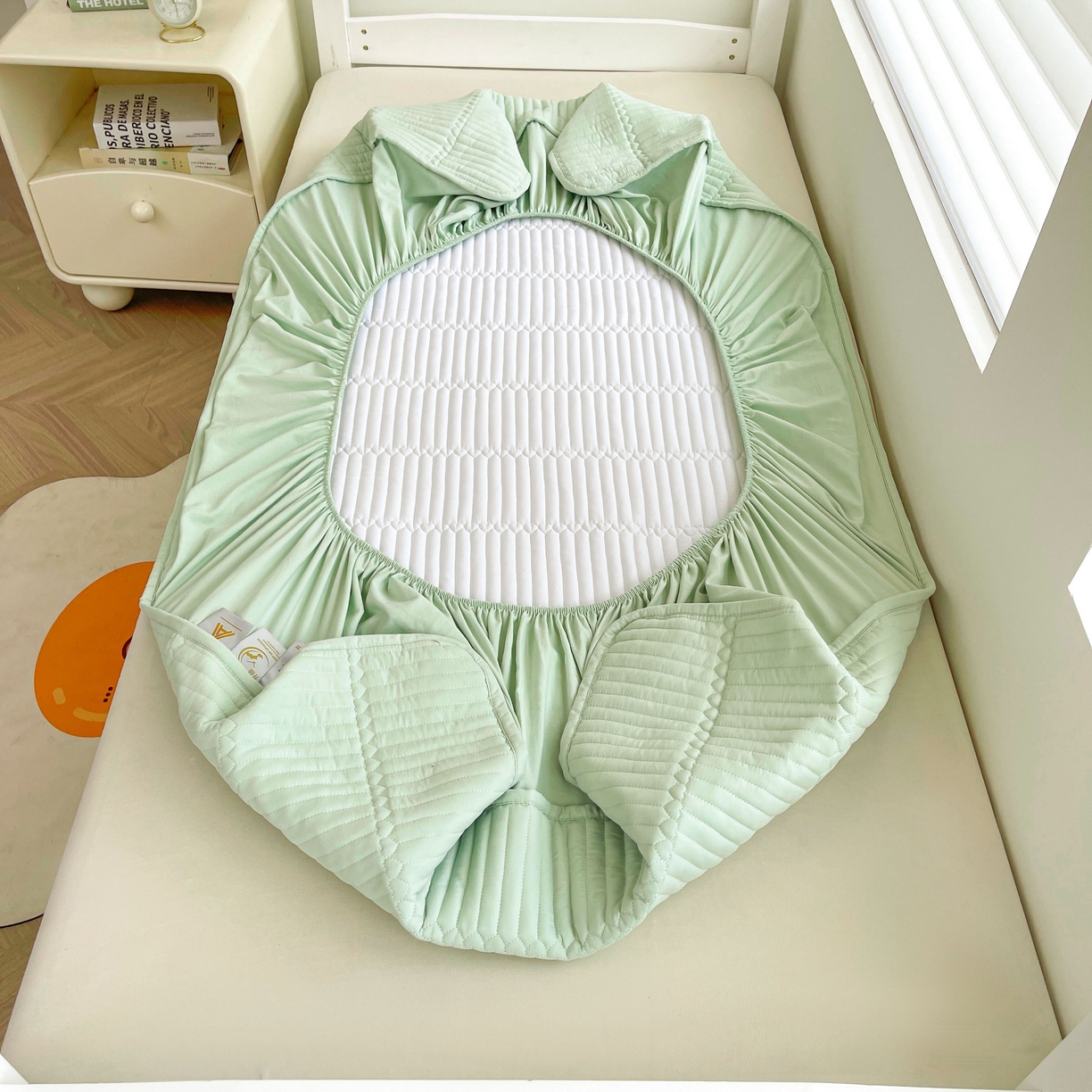 91家纺网 家纺一手货源 找家纺 雯豆2025新品学生床上下铺夹棉床笠宿舍床垫保护套 简爱-清雅绿