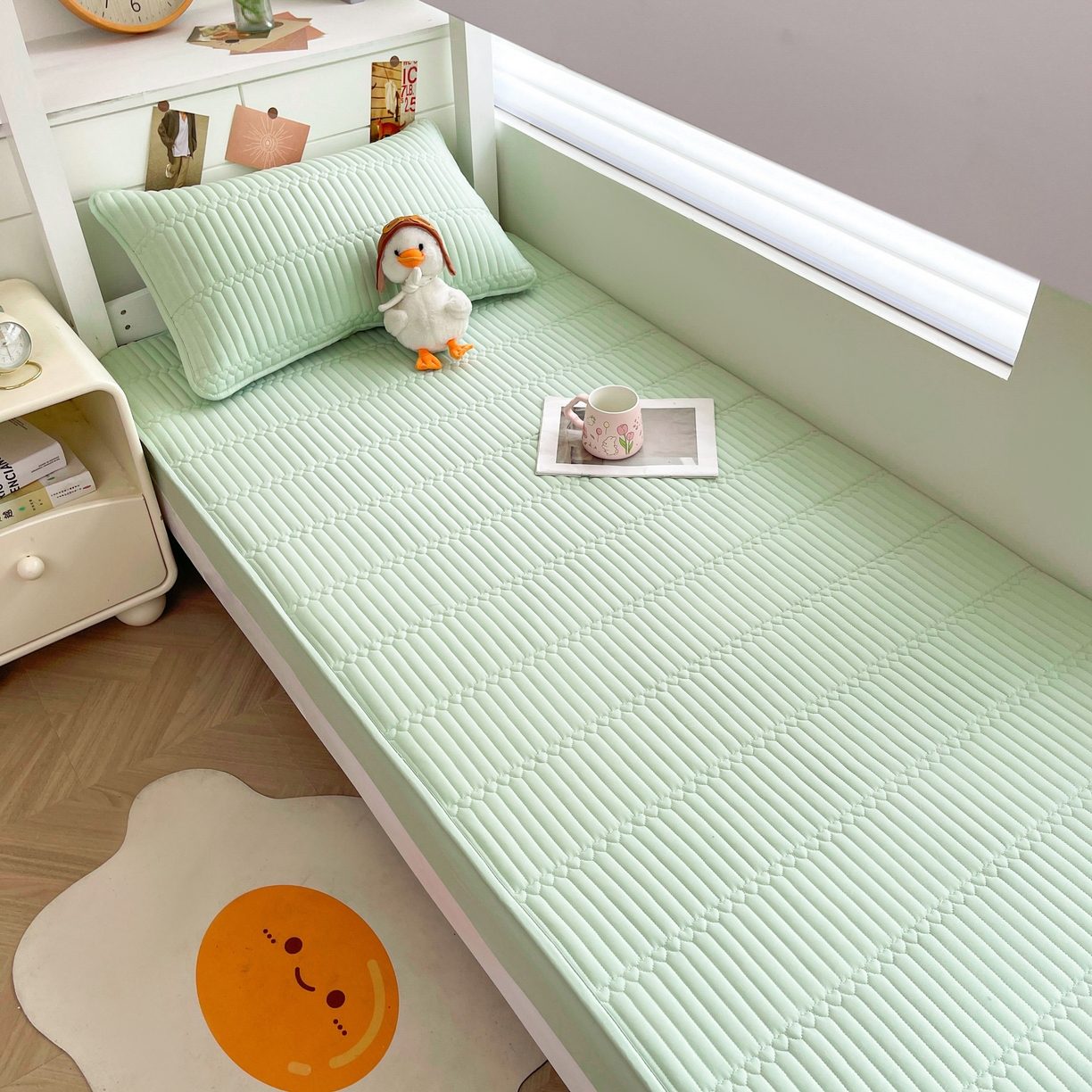 91家纺网 家纺一手货源 找家纺 雯豆2025新品学生床上下铺夹棉床笠宿舍床垫保护套 简爱-清雅绿