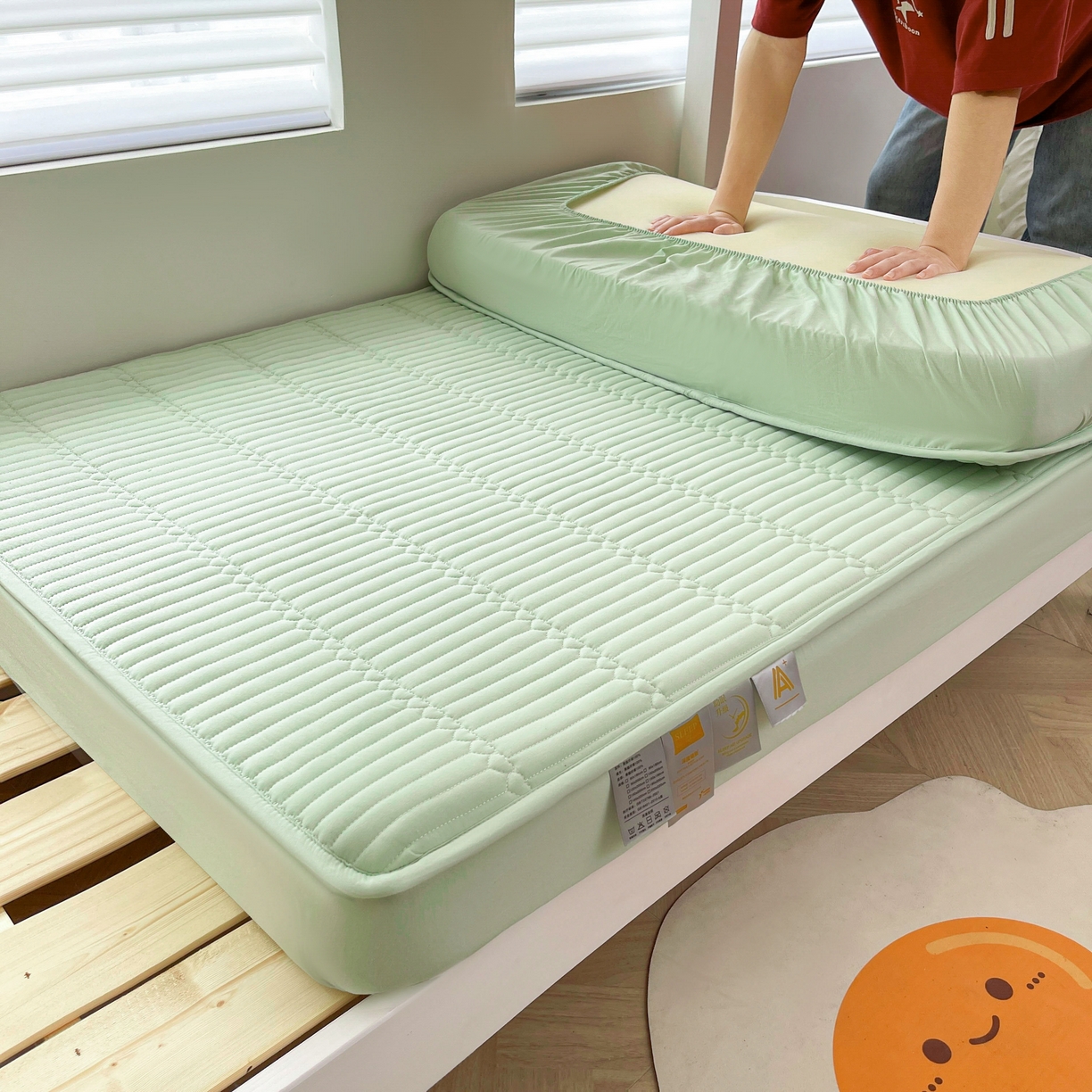 91家纺网 家纺一手货源 找家纺 雯豆2025新品学生床上下铺夹棉床笠宿舍床垫保护套 简爱-清雅绿
