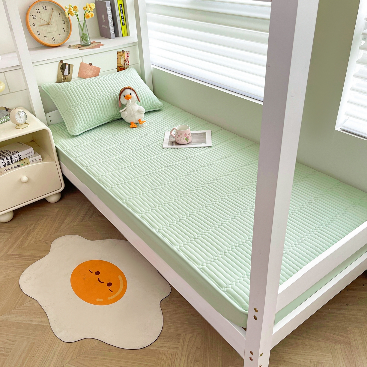 91家纺网 家纺一手货源 找家纺 雯豆2025新品学生床上下铺夹棉床笠宿舍床垫保护套 简爱-清雅绿