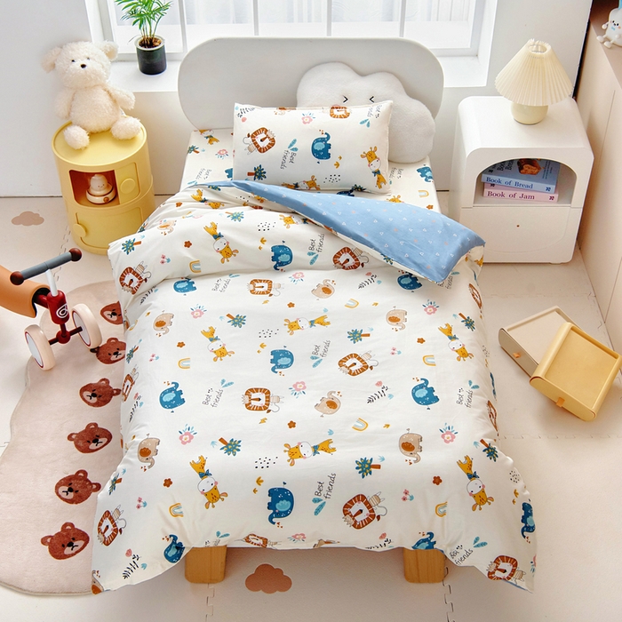 91家纺网 家纺一手货源 找家纺 梵赫 2025新款小版全棉纯棉卡通幼儿园儿童三件套套件 杰瑞狮子