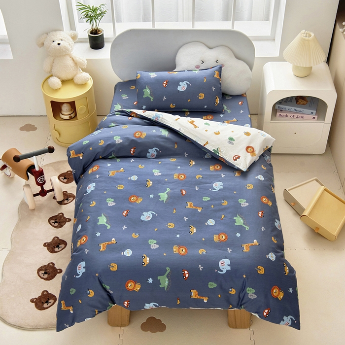 91家纺网 家纺一手货源 找家纺 梵赫 2025新款小版全棉纯棉卡通幼儿园儿童三件套套件 快乐动物园