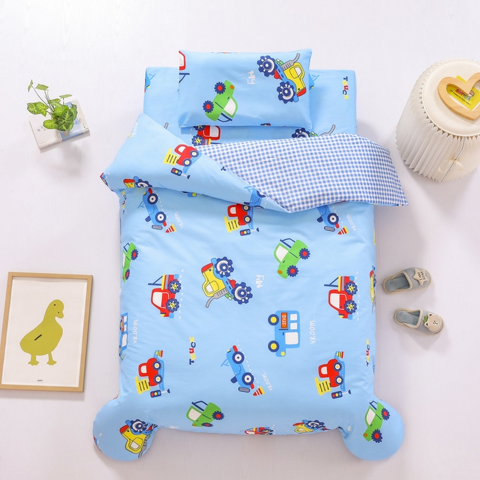 91家纺网 家纺一手货源 找家纺 梵赫 2025新款小版全棉纯棉卡通幼儿园儿童三件套套件 小汽车-蓝