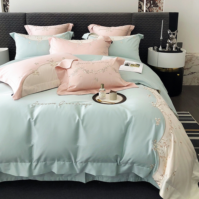 91家纺网 家纺一手货源 找家纺 乐美家纺 2025新款A类100支新疆长绒棉全棉纯棉轻奢刺绣四件套-花城秘境系列 花城秘境-蓝