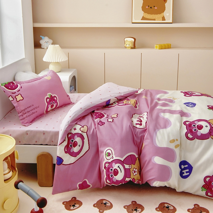 91家纺网 家纺一手货源 找家纺 梵赫 2025新款小版全棉纯棉卡通幼儿园儿童三件套套件 潮流小熊