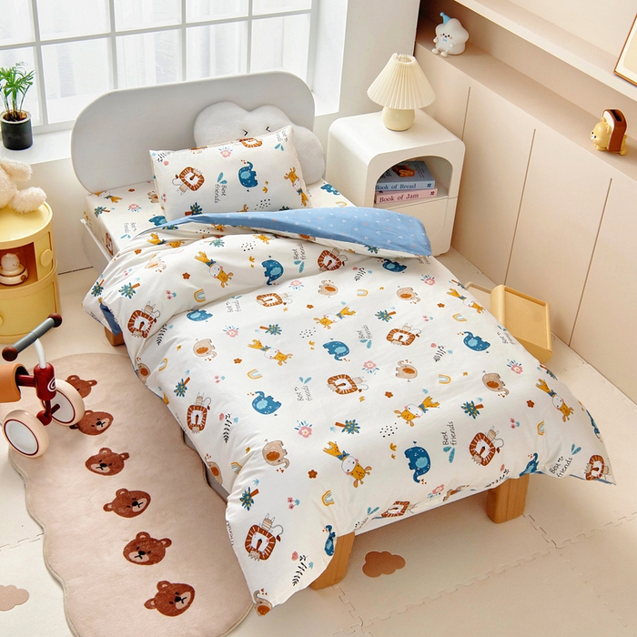 91家纺网 家纺一手货源 找家纺 梵赫 2025新款小版全棉纯棉卡通幼儿园儿童三件套套件 杰瑞狮子