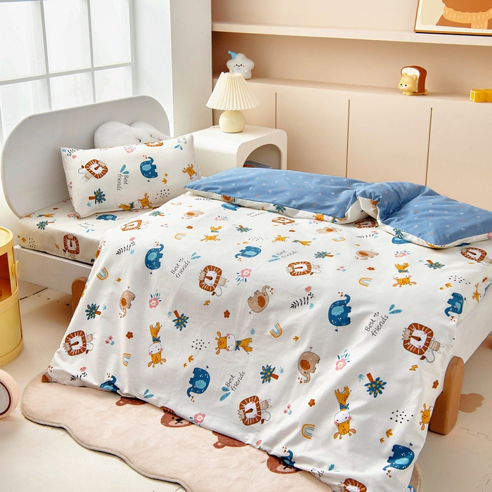 91家纺网 家纺一手货源 找家纺 梵赫 2025新款小版全棉纯棉卡通幼儿园儿童三件套套件 杰瑞狮子