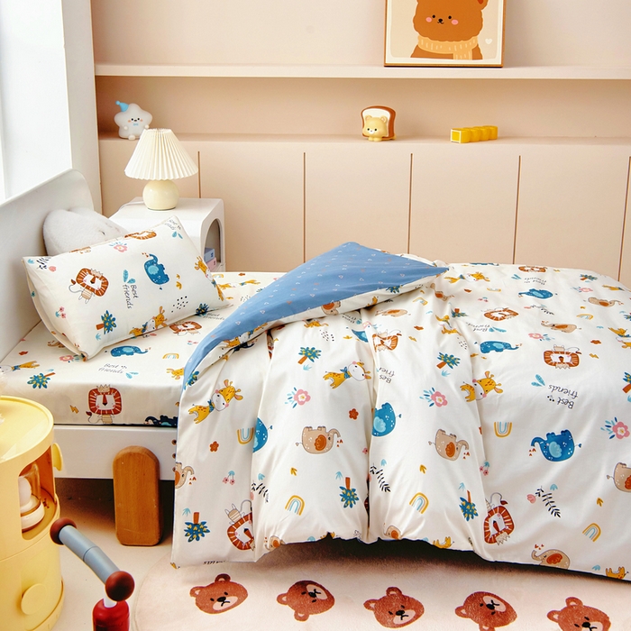 91家纺网 家纺一手货源 找家纺 梵赫 2025新款小版全棉纯棉卡通幼儿园儿童三件套套件 杰瑞狮子