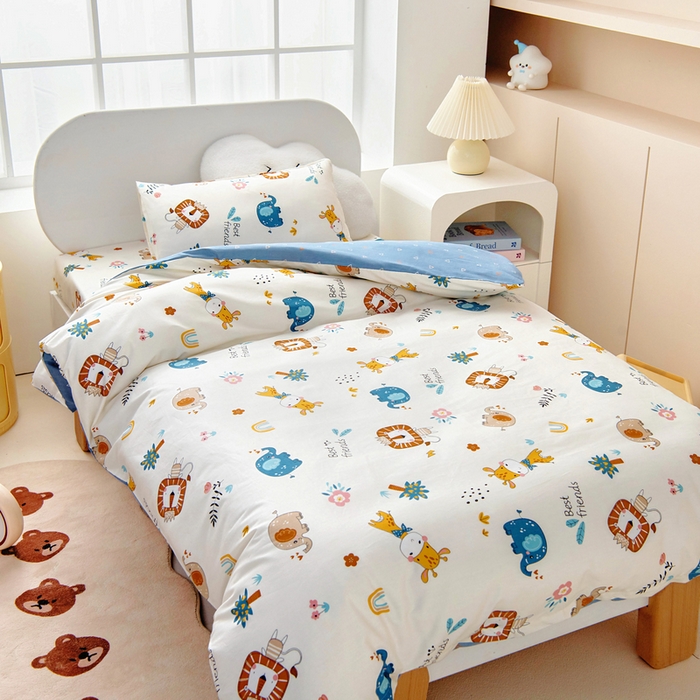 91家纺网 家纺一手货源 找家纺 梵赫 2025新款小版全棉纯棉卡通幼儿园儿童三件套套件 杰瑞狮子