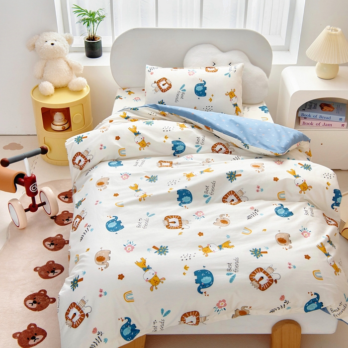 91家纺网 家纺一手货源 找家纺 梵赫 2025新款小版全棉纯棉卡通幼儿园儿童三件套套件 杰瑞狮子