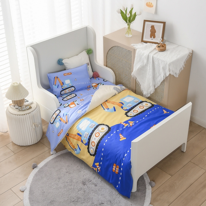 91家纺网 家纺一手货源 找家纺 梵赫 2025新款小版全棉纯棉卡通幼儿园儿童三件套套件 开心挖机