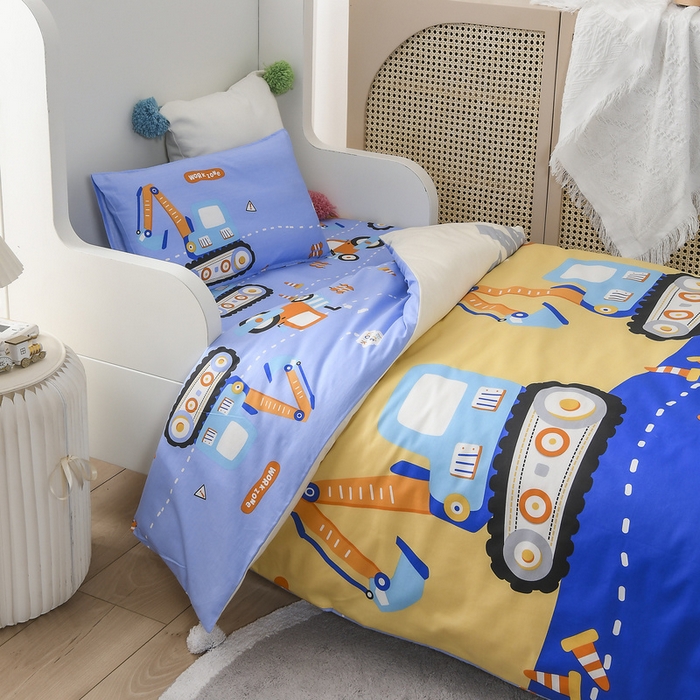 91家纺网 家纺一手货源 找家纺 梵赫 2025新款小版全棉纯棉卡通幼儿园儿童三件套套件 开心挖机