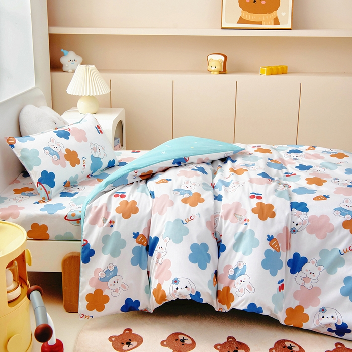 91家纺网 家纺一手货源 找家纺 梵赫 2025新款小版全棉纯棉卡通幼儿园儿童三件套套件 可爱萌兔