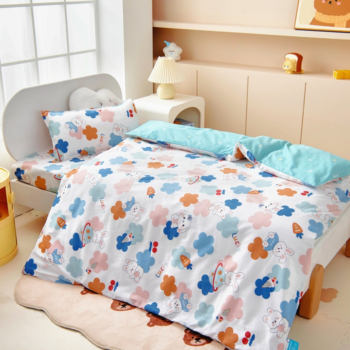 91家纺网 家纺一手货源 找家纺 梵赫 2025新款小版全棉纯棉卡通幼儿园儿童三件套套件 可爱萌兔