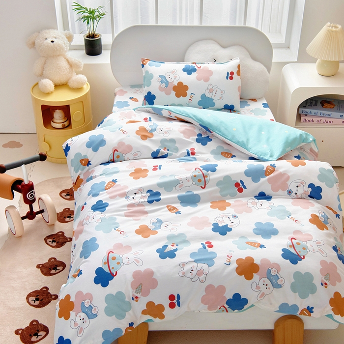 91家纺网 家纺一手货源 找家纺 梵赫 2025新款小版全棉纯棉卡通幼儿园儿童三件套套件 可爱萌兔