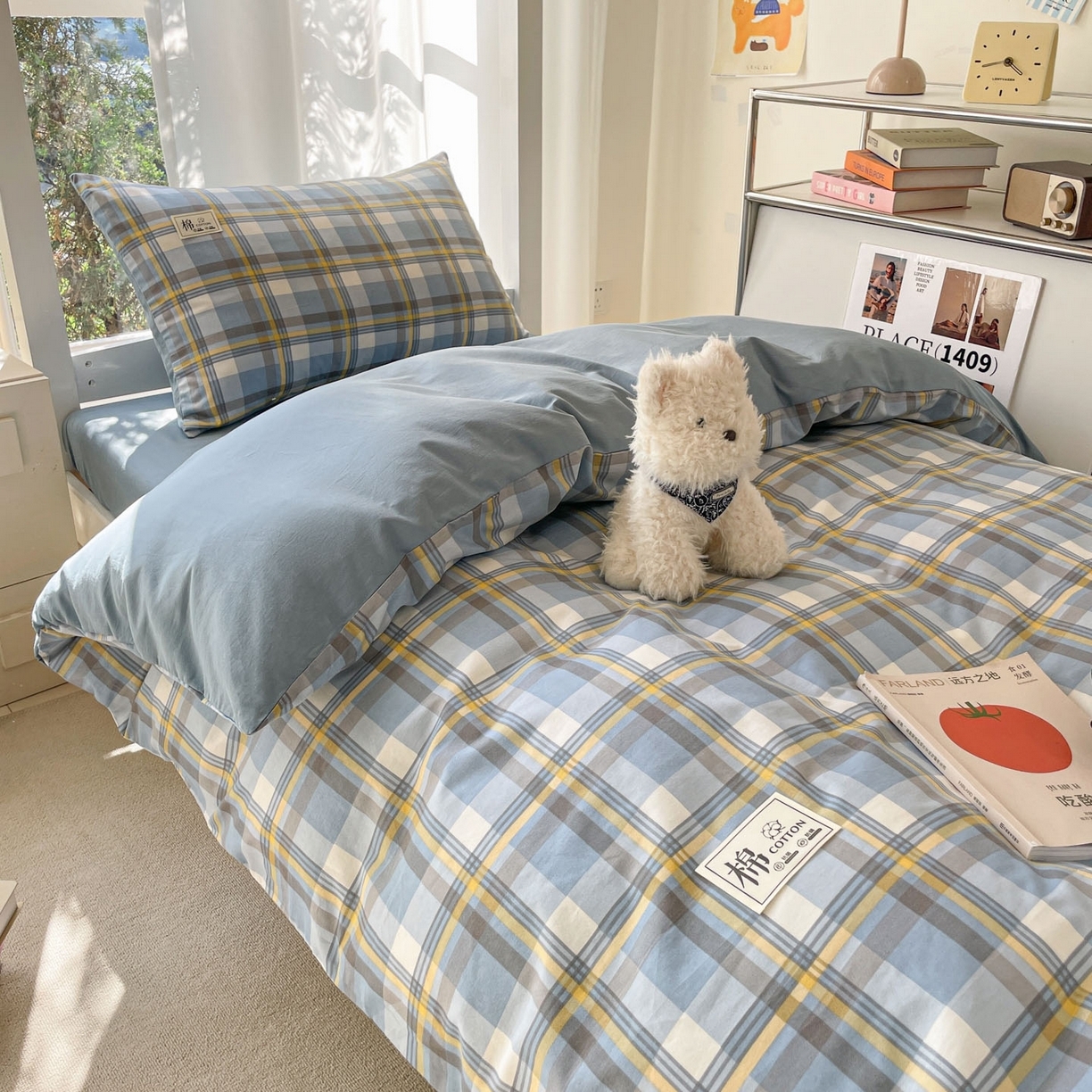 91家纺网 家纺一手货源 找家纺 （总）莱通家纺 2025春夏新款纯棉13372纯色双拼学生三件套六件套-商家提供买家秀