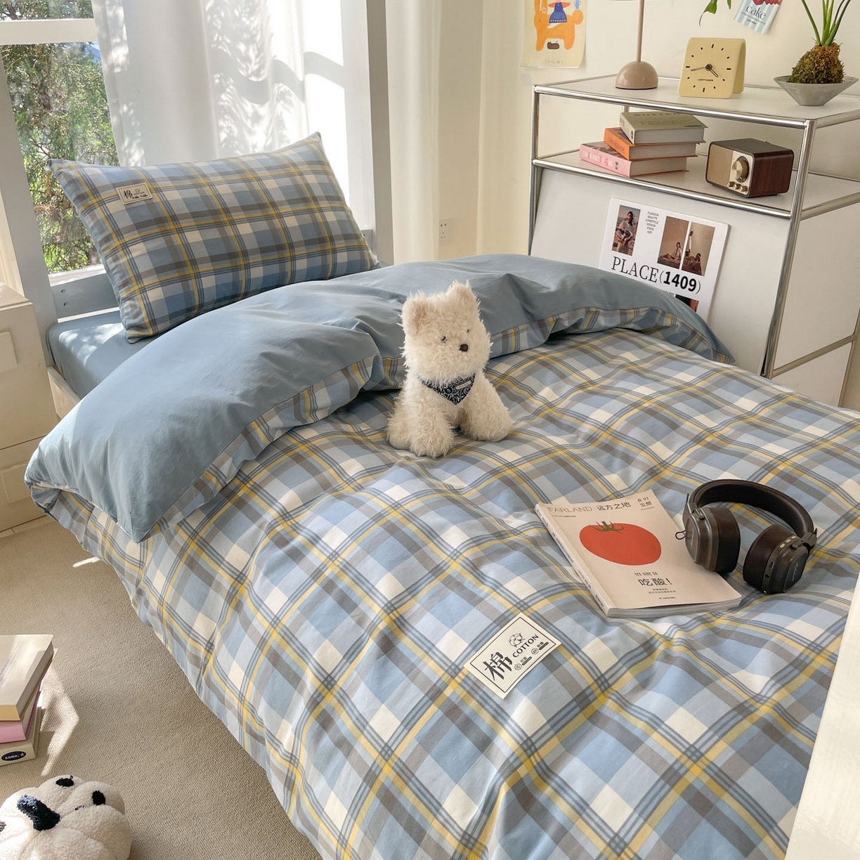 91家纺网 家纺一手货源 找家纺 （总）莱通家纺 2025春夏新款纯棉13372纯色双拼学生三件套六件套-商家提供买家秀