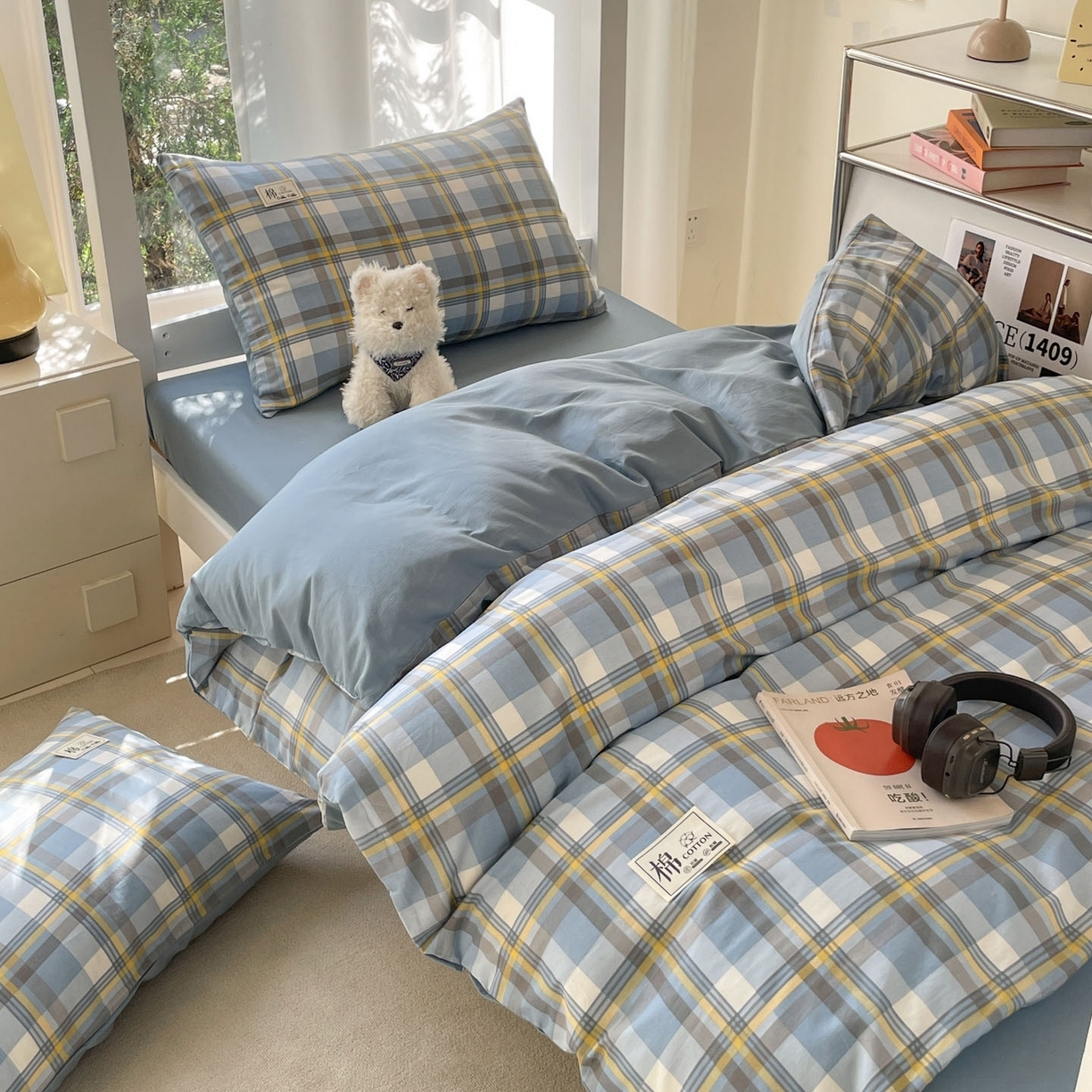 91家纺网 家纺一手货源 找家纺 （总）莱通家纺 2025春夏新款纯棉13372纯色双拼学生三件套六件套-商家提供买家秀