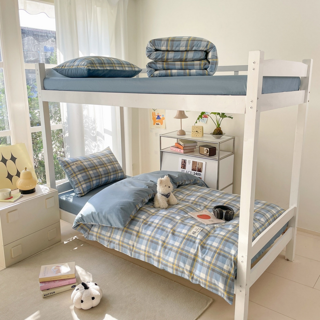 91家纺网 家纺一手货源 找家纺 （总）莱通家纺 2025春夏新款纯棉13372纯色双拼学生三件套六件套-商家提供买家秀