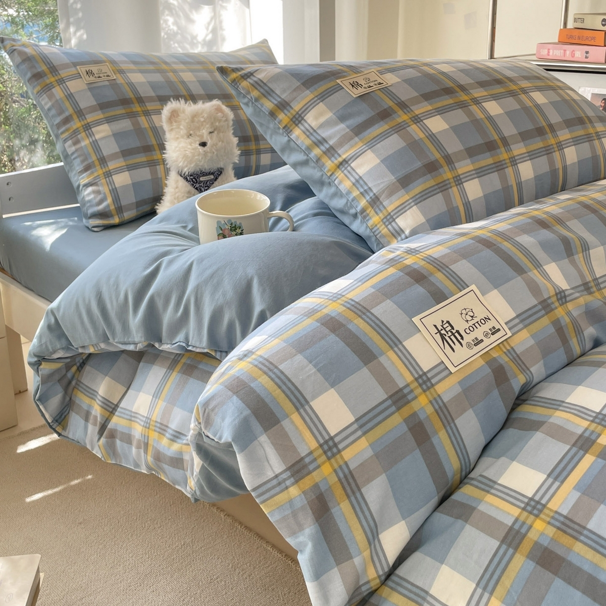 91家纺网 家纺一手货源 找家纺 （总）莱通家纺 2025春夏新款纯棉13372纯色双拼学生三件套六件套-商家提供买家秀