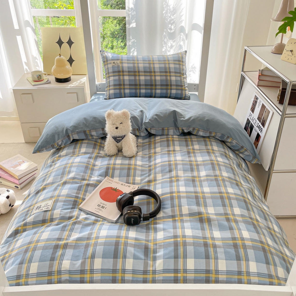 91家纺网 家纺一手货源 找家纺 （总）莱通家纺 2025春夏新款纯棉13372纯色双拼学生三件套六件套-商家提供买家秀