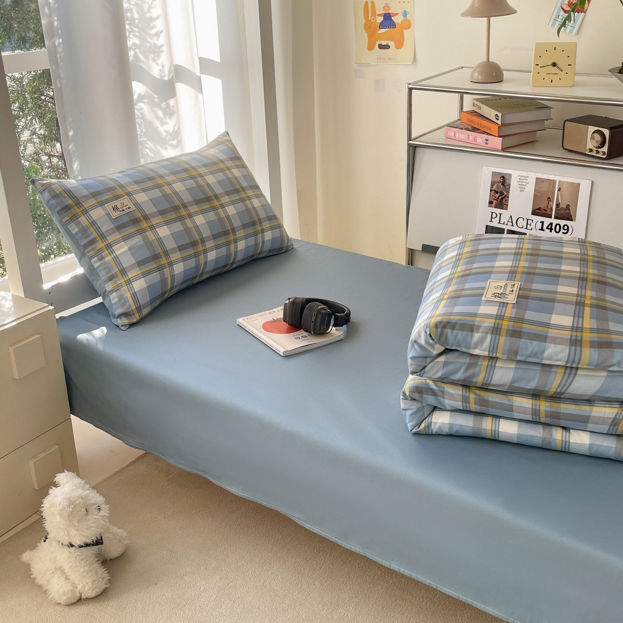 91家纺网 家纺一手货源 找家纺 （总）莱通家纺 2025春夏新款纯棉13372纯色双拼学生三件套六件套-商家提供买家秀