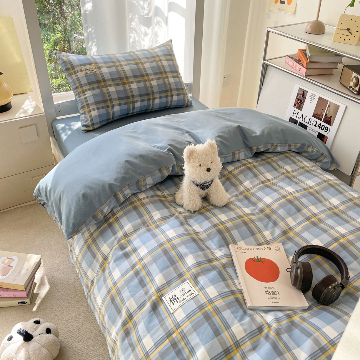 91家纺网 家纺一手货源 找家纺 （总）莱通家纺 2025春夏新款纯棉13372纯色双拼学生三件套六件套-商家提供买家秀