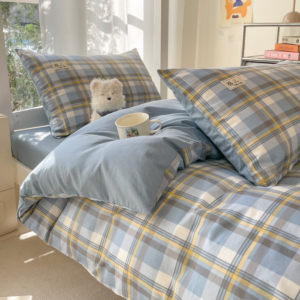 91家纺网 家纺一手货源 找家纺 （总）莱通家纺 2025春夏新款纯棉13372纯色双拼学生三件套六件套-商家提供买家秀